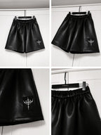 YUBABY Dark Gothic Applique 3d Cross Ultra Wide Leg Women's Pu Leather Short Trousers