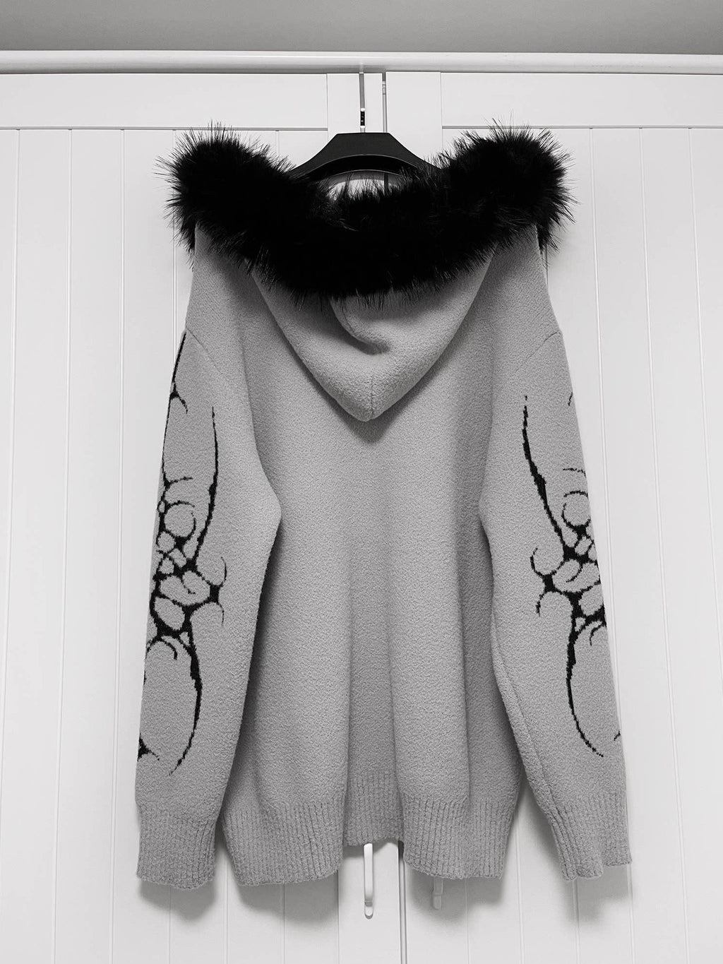 YUBABY Dark Gothic Large Fur Collar Zippered Loose Women's Faux Alpaca Hoodies