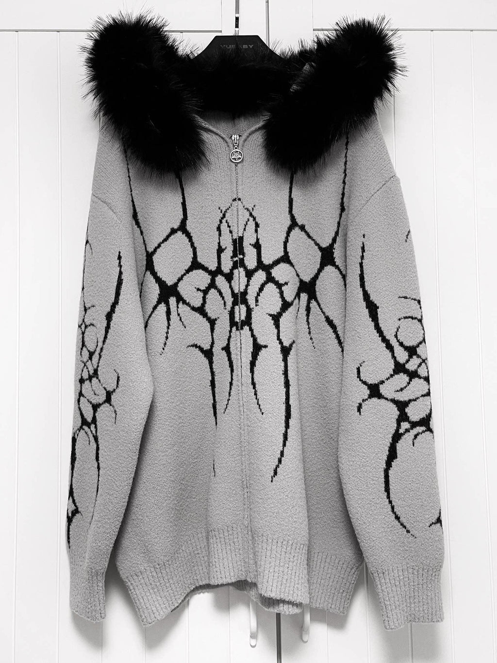 YUBABY Dark Gothic Large Fur Collar Zippered Loose Women's Faux Alpaca Hoodies