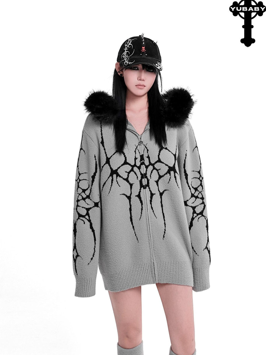 YUBABY Dark Gothic Large Fur Collar Zippered Loose Women's Faux Alpaca Hoodies