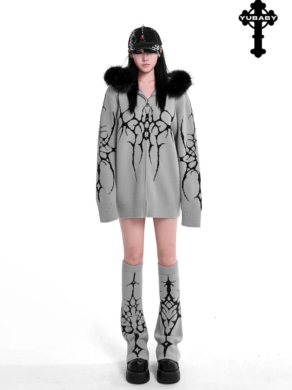 YUBABY Dark Gothic Large Fur Collar Zippered Loose Women's Faux Alpaca Hoodies