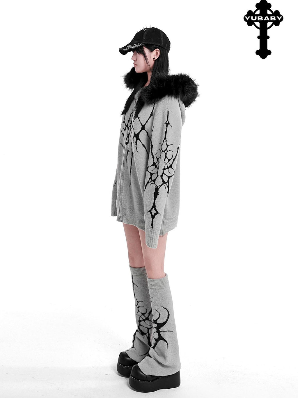 YUBABY Dark Gothic Large Fur Collar Zippered Loose Women's Faux Alpaca Hoodies