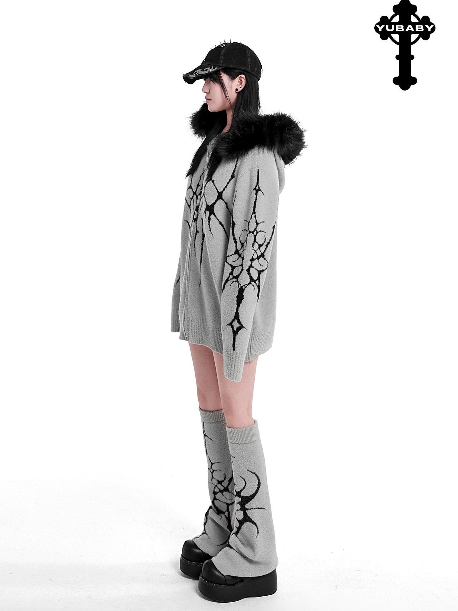 YUBABY Dark Gothic Large Fur Collar Zippered Loose Women's Faux Alpaca Hoodies