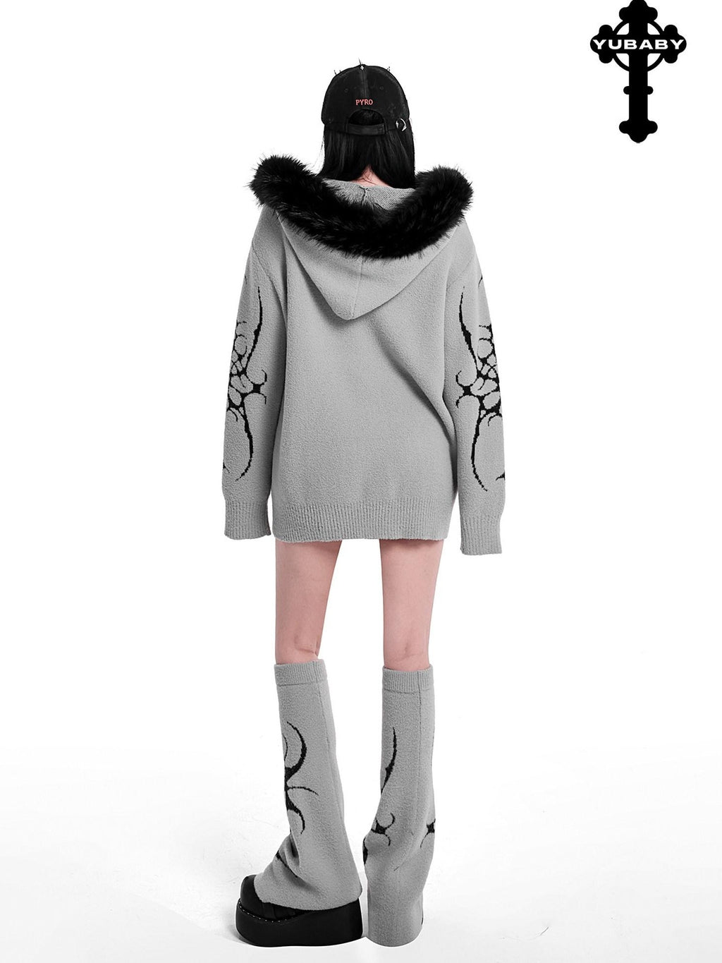YUBABY Dark Gothic Large Fur Collar Zippered Loose Women's Faux Alpaca Hoodies