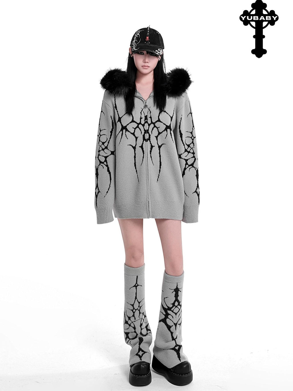 YUBABY Dark Gothic Large Fur Collar Zippered Loose Women's Faux Alpaca Hoodies