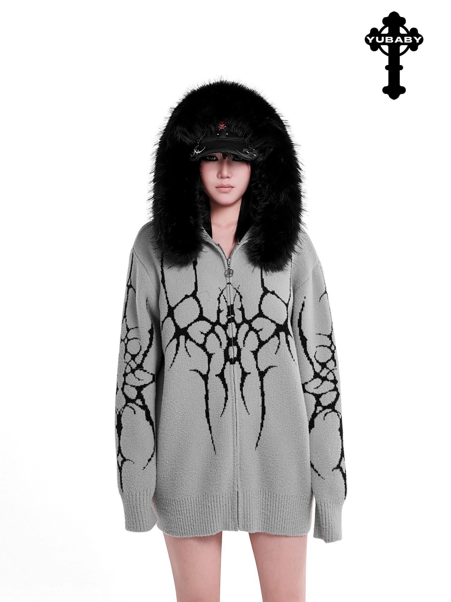 YUBABY Dark Gothic Large Fur Collar Zippered Loose Women's Faux Alpaca Hoodies