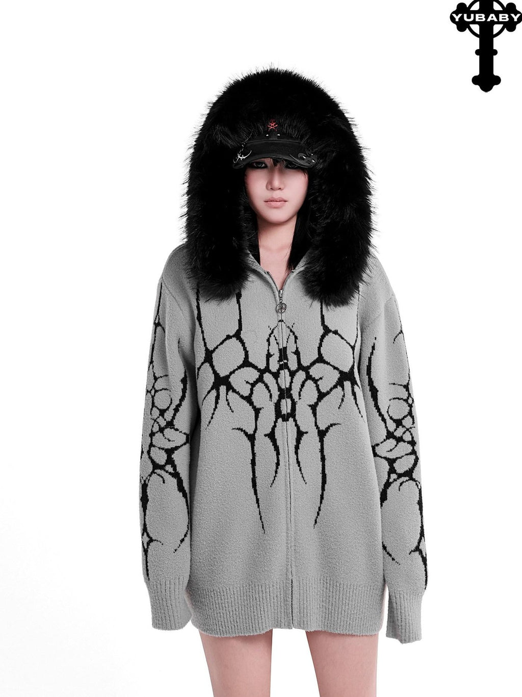 YUBABY Dark Gothic Large Fur Collar Zippered Loose Women's Faux Alpaca Hoodies