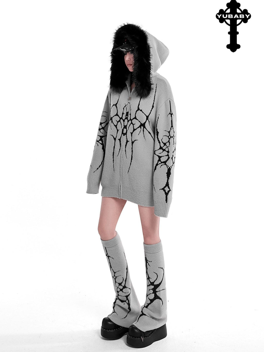 YUBABY Dark Gothic Large Fur Collar Zippered Loose Women's Faux Alpaca Hoodies