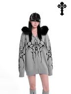 YUBABY Dark Gothic Large Fur Collar Zippered Loose Women's Faux Alpaca Hoodies