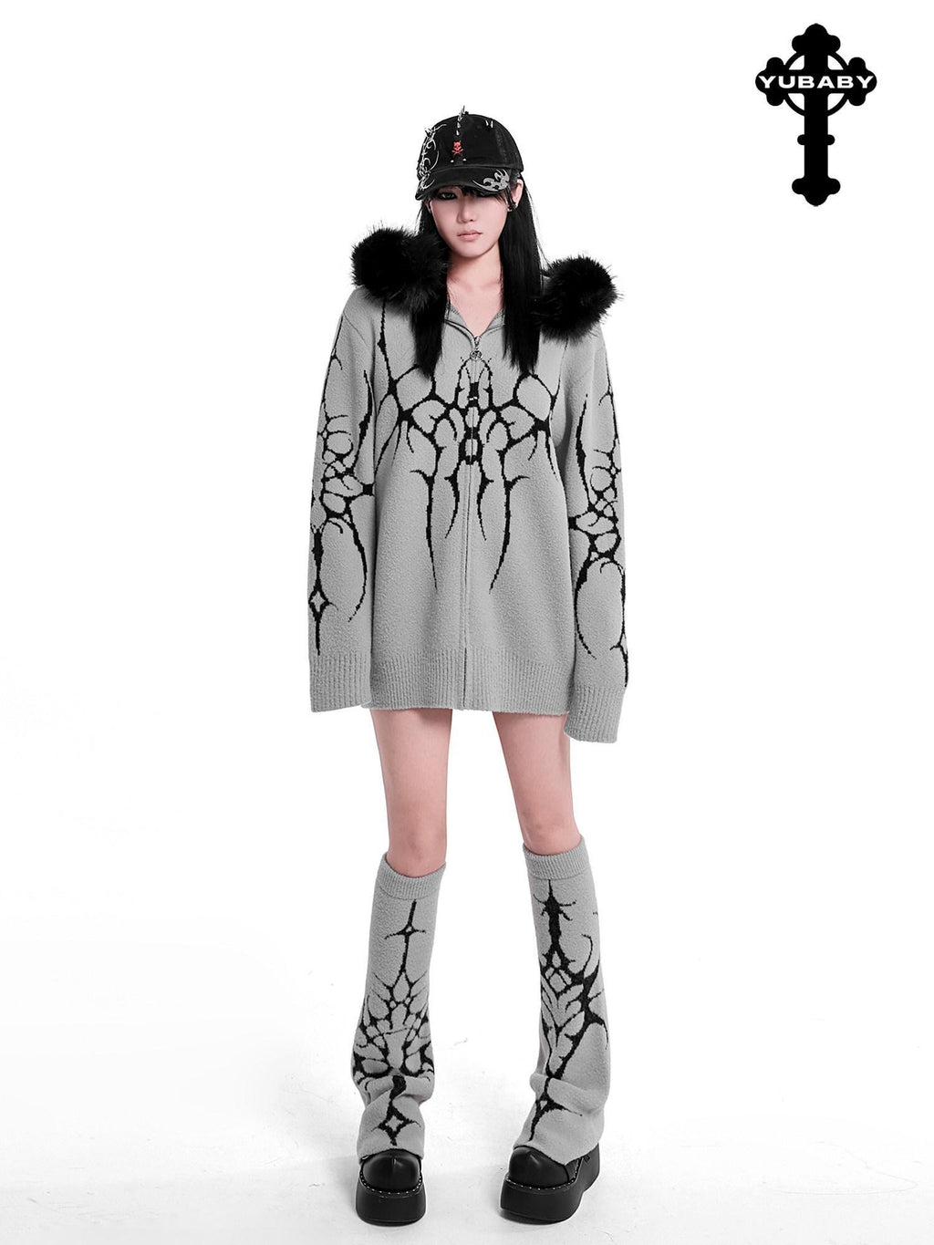 YUBABY Dark Gothic Large Fur Collar Zippered Loose Women's Faux Alpaca Hoodies