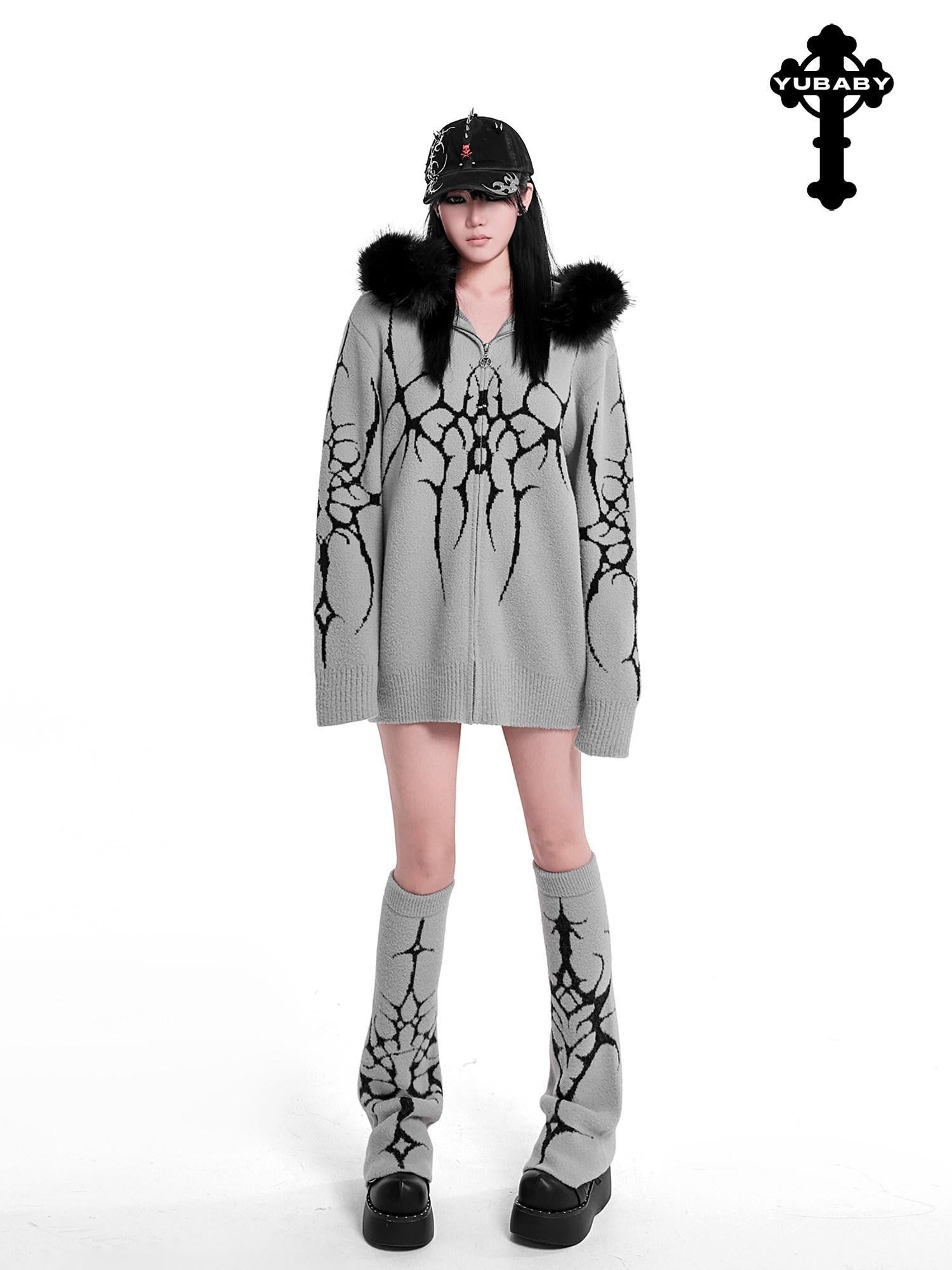YUBABY Dark Gothic Large Fur Collar Zippered Loose Women's Faux Alpaca Hoodies