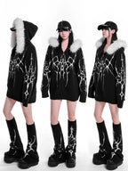 YUBABY Dark Gothic Large Fur Collar Zippered Loose Women's Faux Alpaca Hoodies
