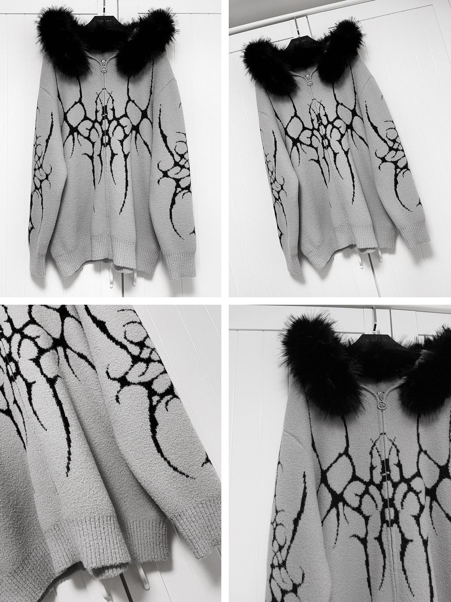 YUBABY Dark Gothic Large Fur Collar Zippered Loose Women's Faux Alpaca Hoodies