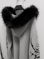 YUBABY Dark Gothic Large Fur Collar Zippered Loose Women's Faux Alpaca Hoodies