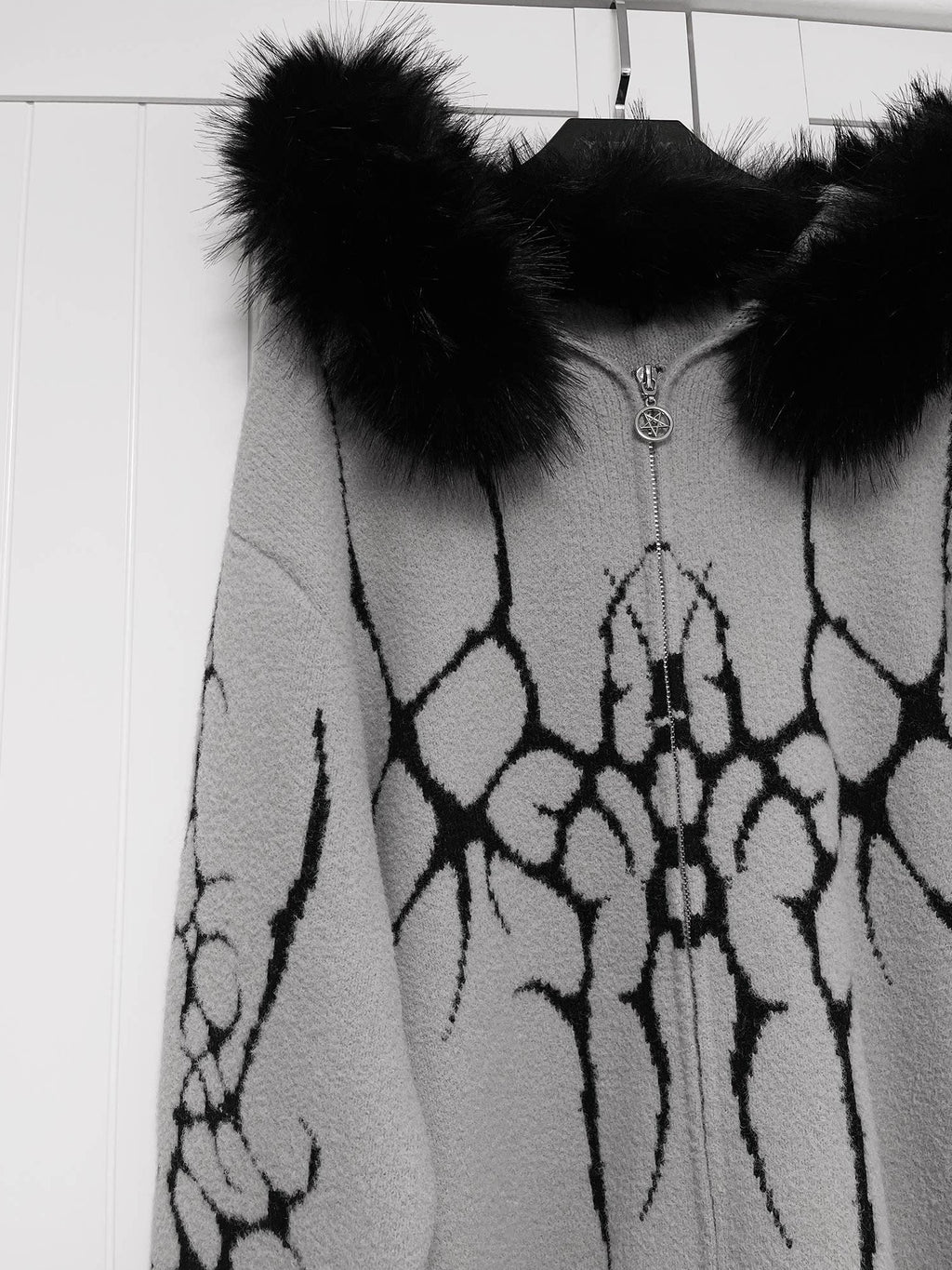 YUBABY Dark Gothic Large Fur Collar Zippered Loose Women's Faux Alpaca Hoodies