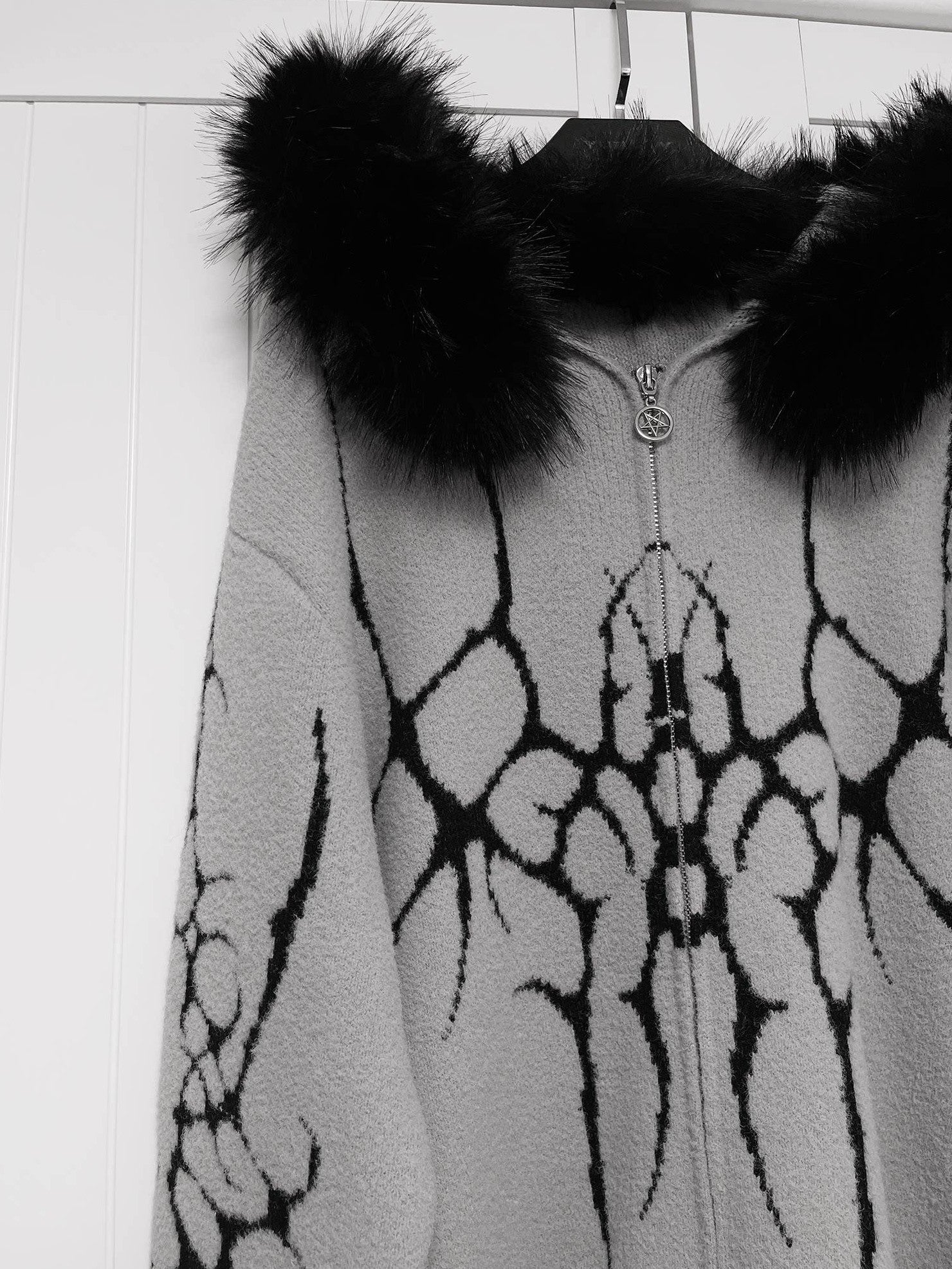 YUBABY Dark Gothic Large Fur Collar Zippered Loose Women's Faux Alpaca Hoodies