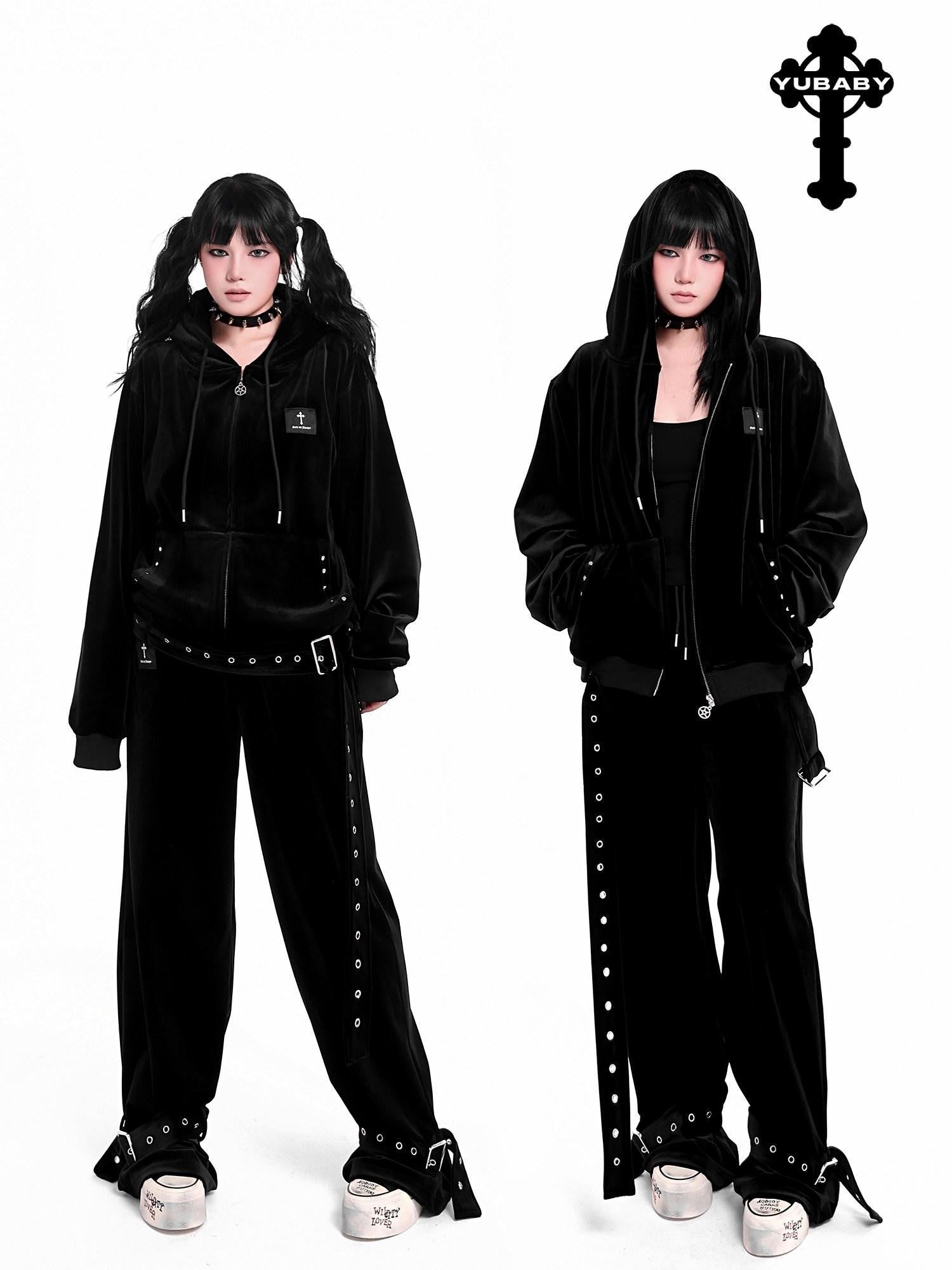 YUBABY Dark Gothic Punk Studded Punched Metal Buckle Women's Velvet Straight Pants