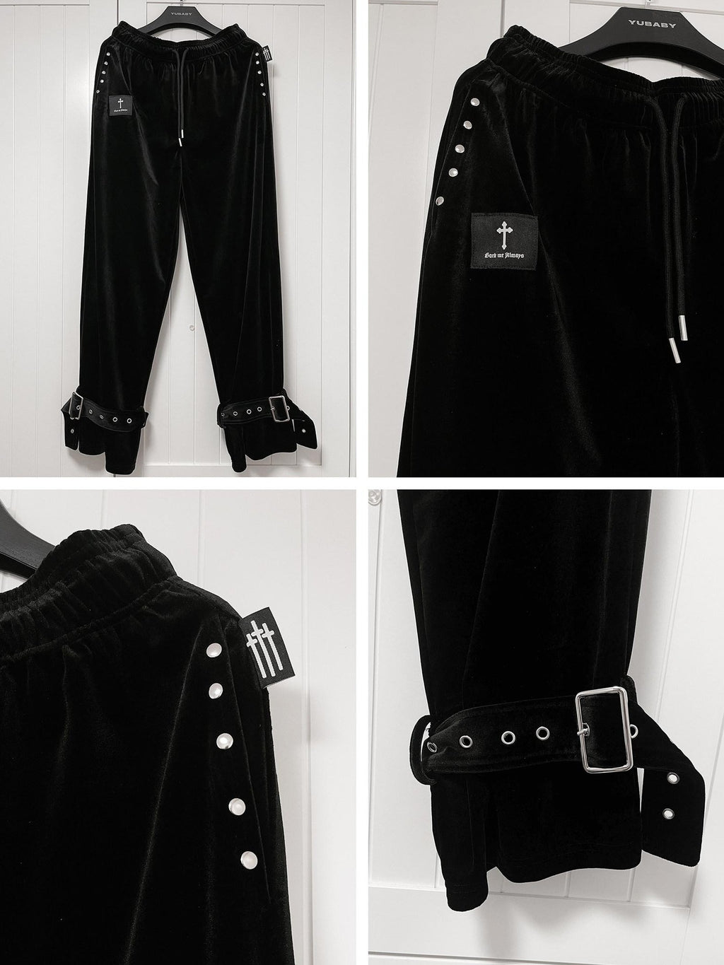 YUBABY Dark Gothic Punk Studded Punched Metal Buckle Women's Velvet Straight Pants