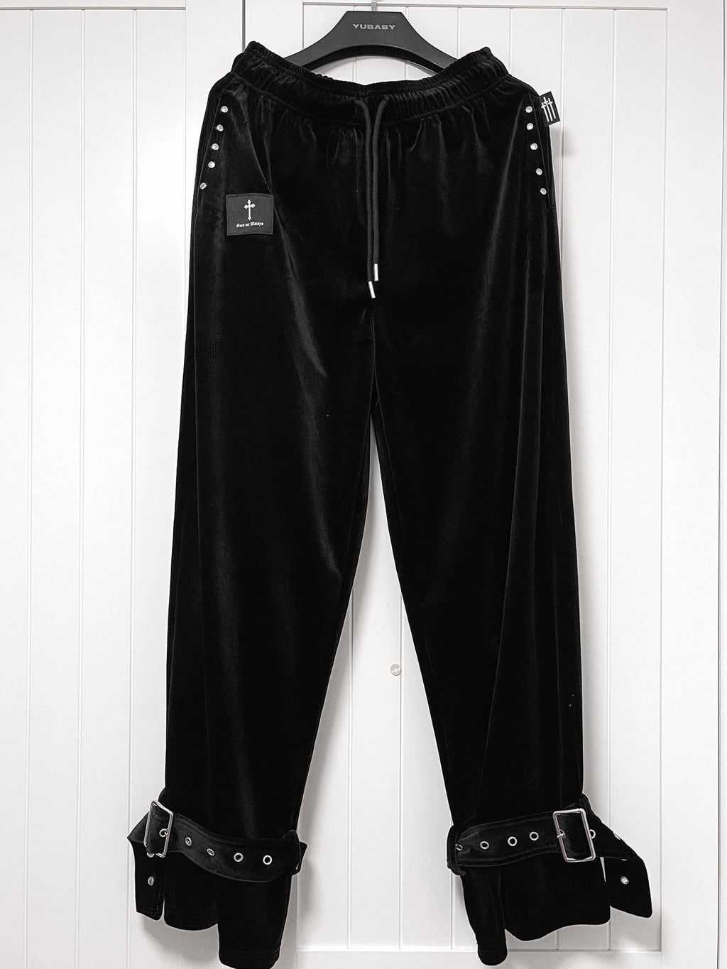 YUBABY Dark Gothic Punk Studded Punched Metal Buckle Women's Velvet Straight Pants