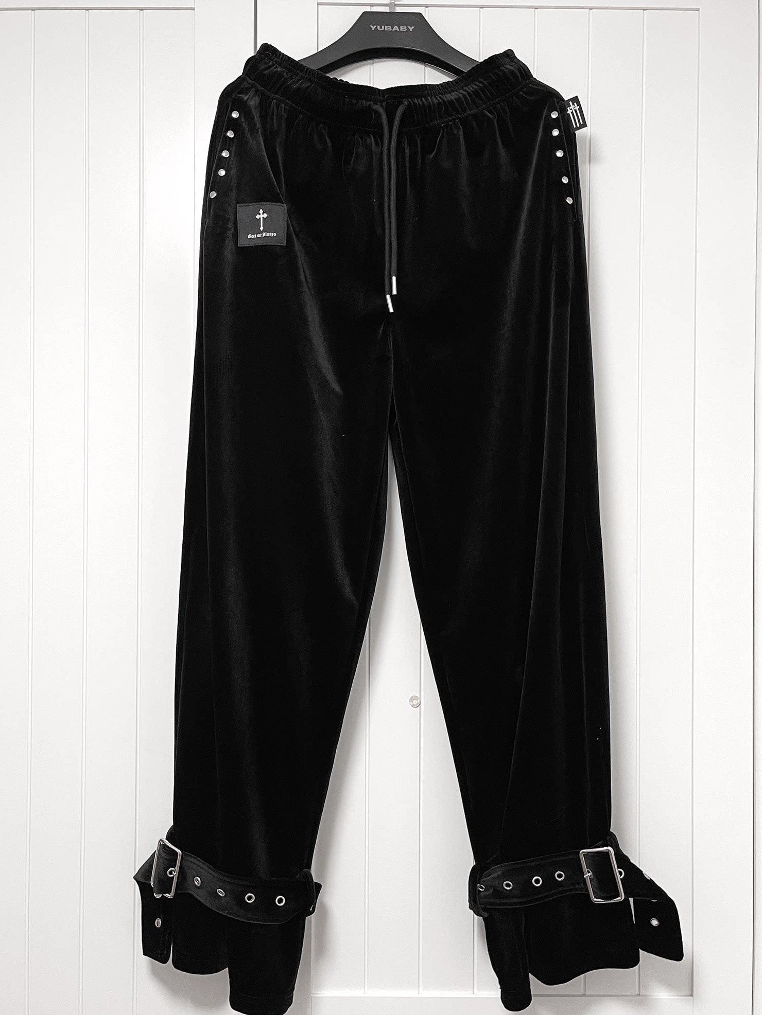 YUBABY Dark Gothic Punk Studded Punched Metal Buckle Women's Velvet Straight Pants