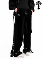 YUBABY Dark Gothic Punk Studded Punched Metal Buckle Women's Velvet Straight Pants