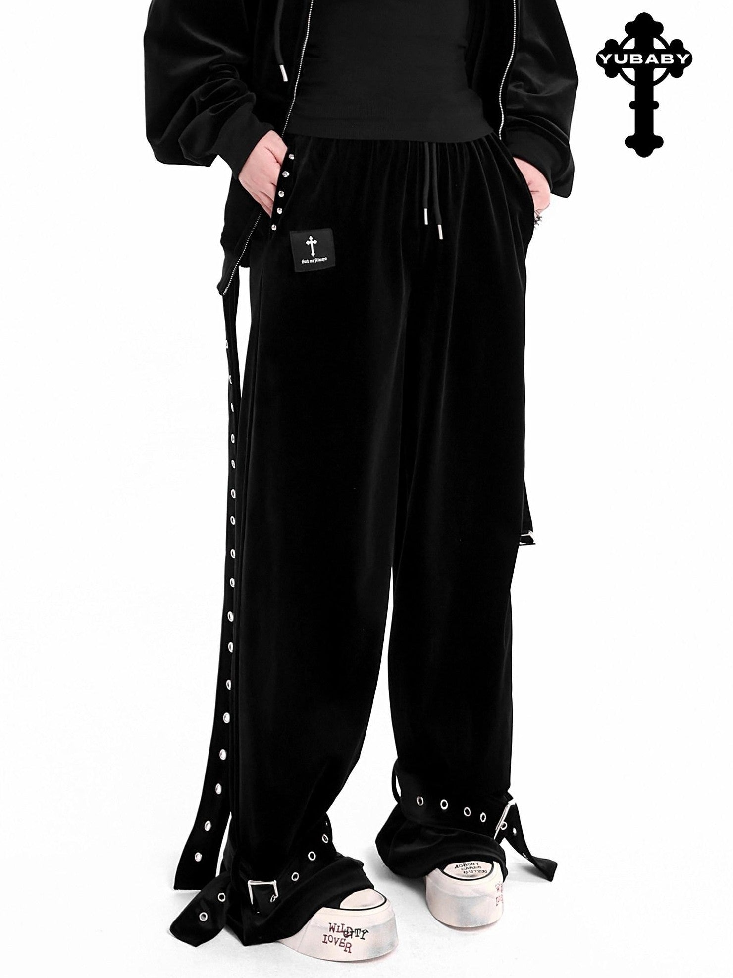 YUBABY Dark Gothic Punk Studded Punched Metal Buckle Women's Velvet Straight Pants