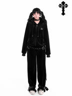YUBABY Dark Gothic Punk Studded Punched Metal Buckle Women's Velvet Straight Pants
