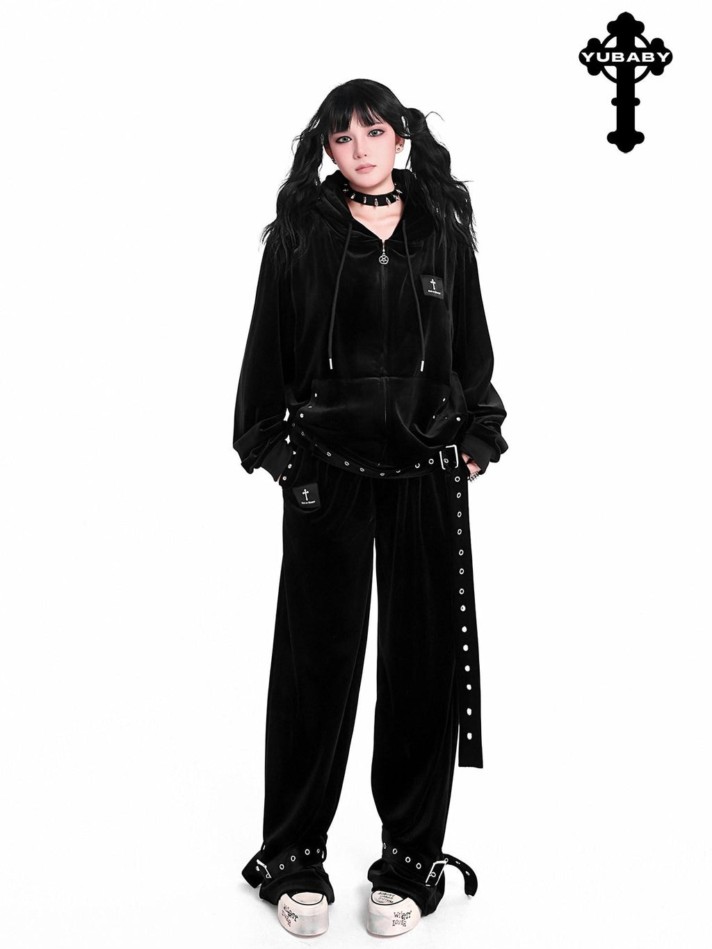 YUBABY Dark Gothic Punk Studded Punched Metal Buckle Women's Velvet Straight Pants
