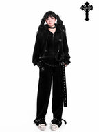 YUBABY Dark Gothic Punk Studded Punched Metal Buckle Women's Velvet Straight Pants