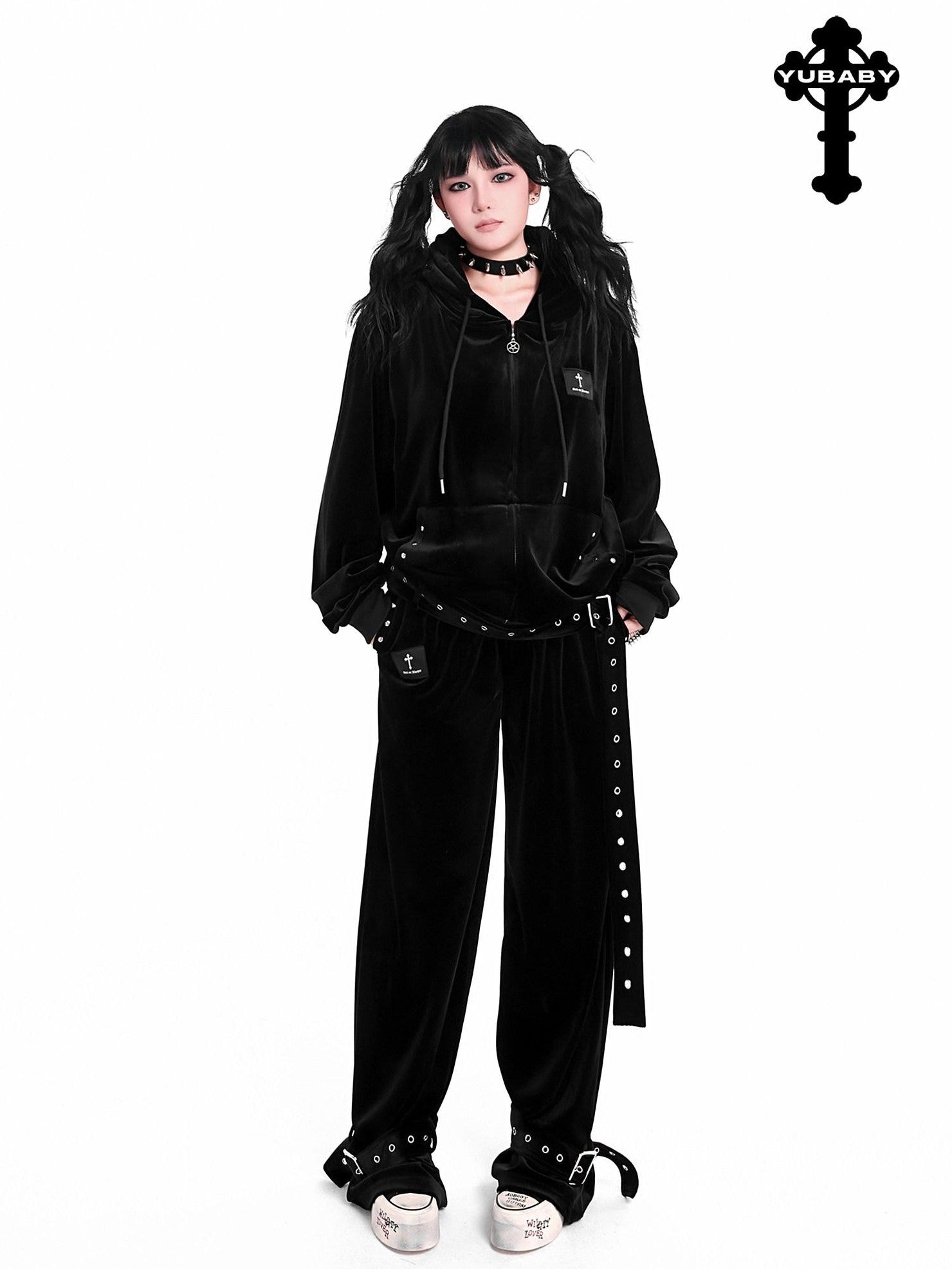 YUBABY Dark Gothic Punk Studded Punched Metal Buckle Women's Velvet Straight Pants
