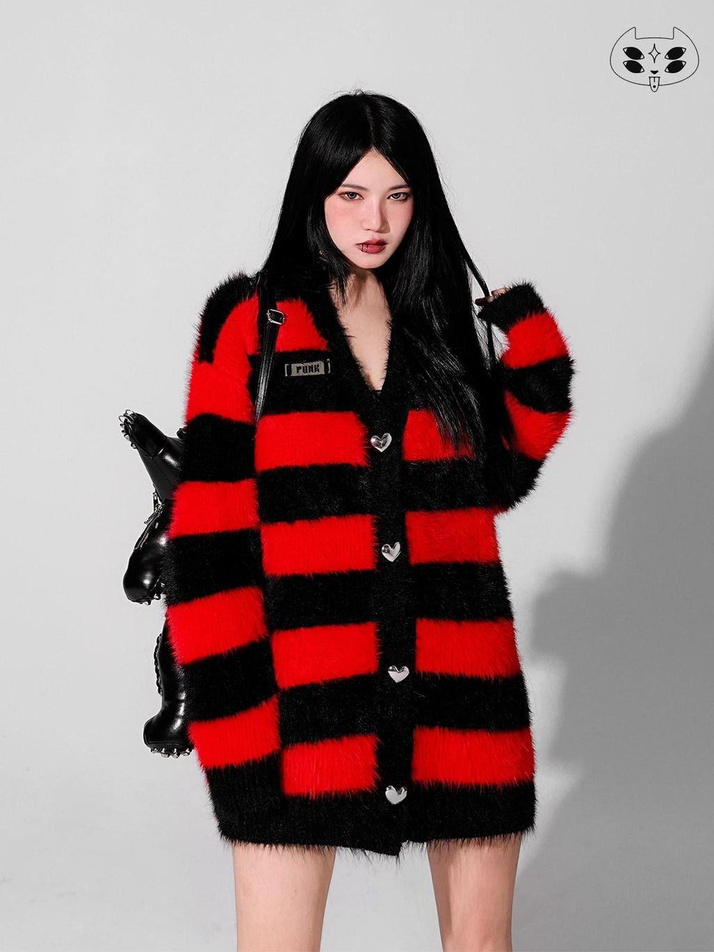 YUBABY Devil Colorway Striped Faux Mink Fuzzy Punk Women's Cotton Blend Cardigans