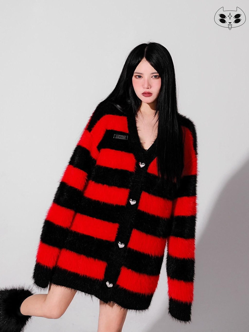 YUBABY Devil Colorway Striped Faux Mink Fuzzy Punk Women's Cotton Blend Cardigans