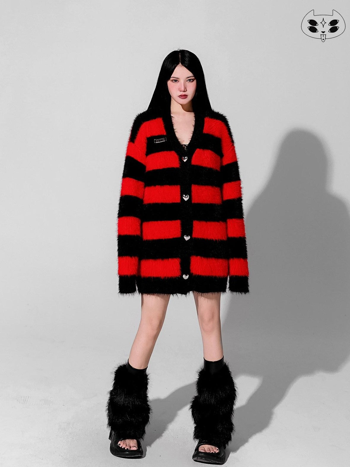 YUBABY Devil Colorway Striped Faux Mink Fuzzy Punk Women's Cotton Blend Cardigans