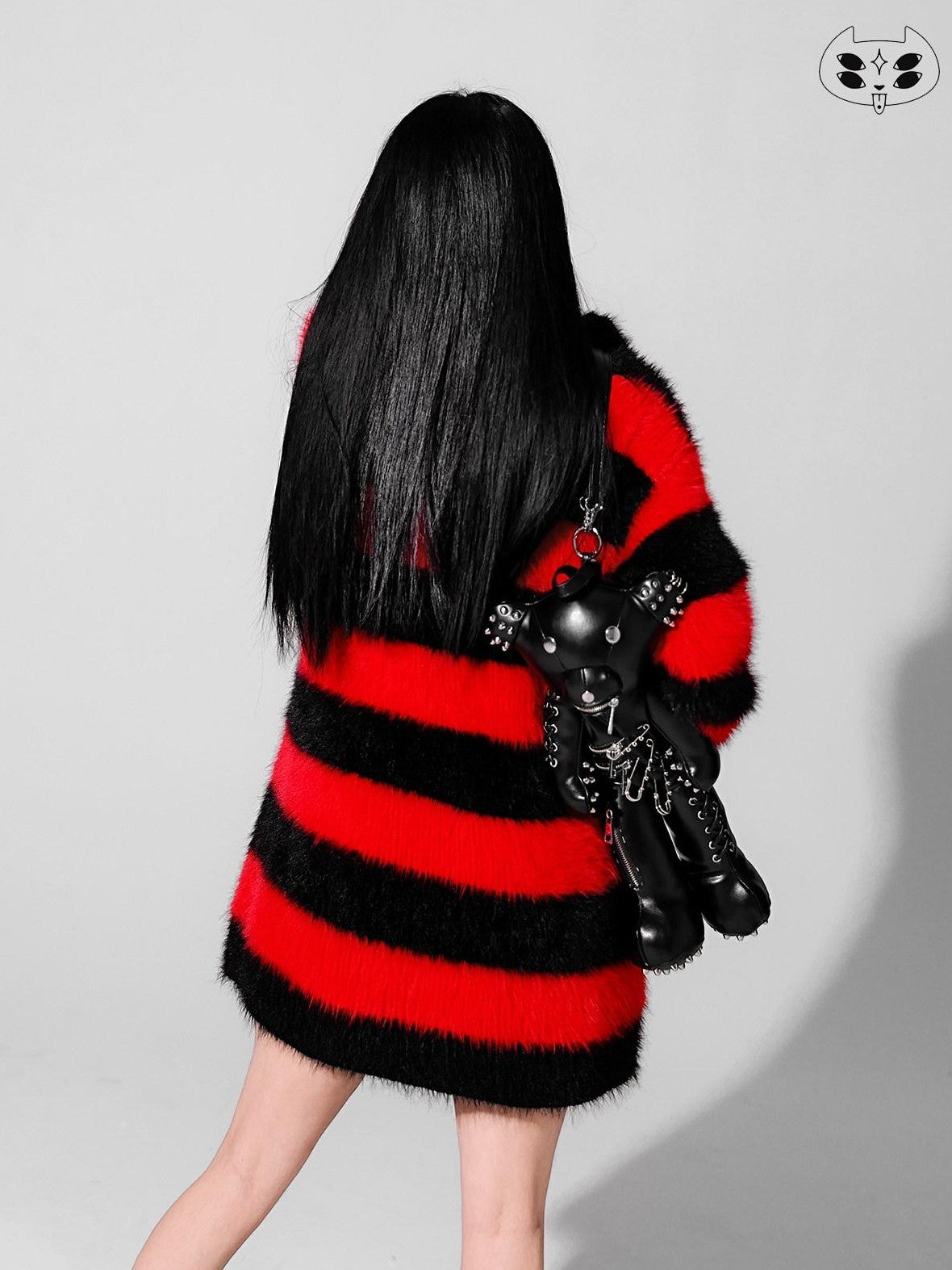 YUBABY Devil Colorway Striped Faux Mink Fuzzy Punk Women's Cotton Blend Cardigans