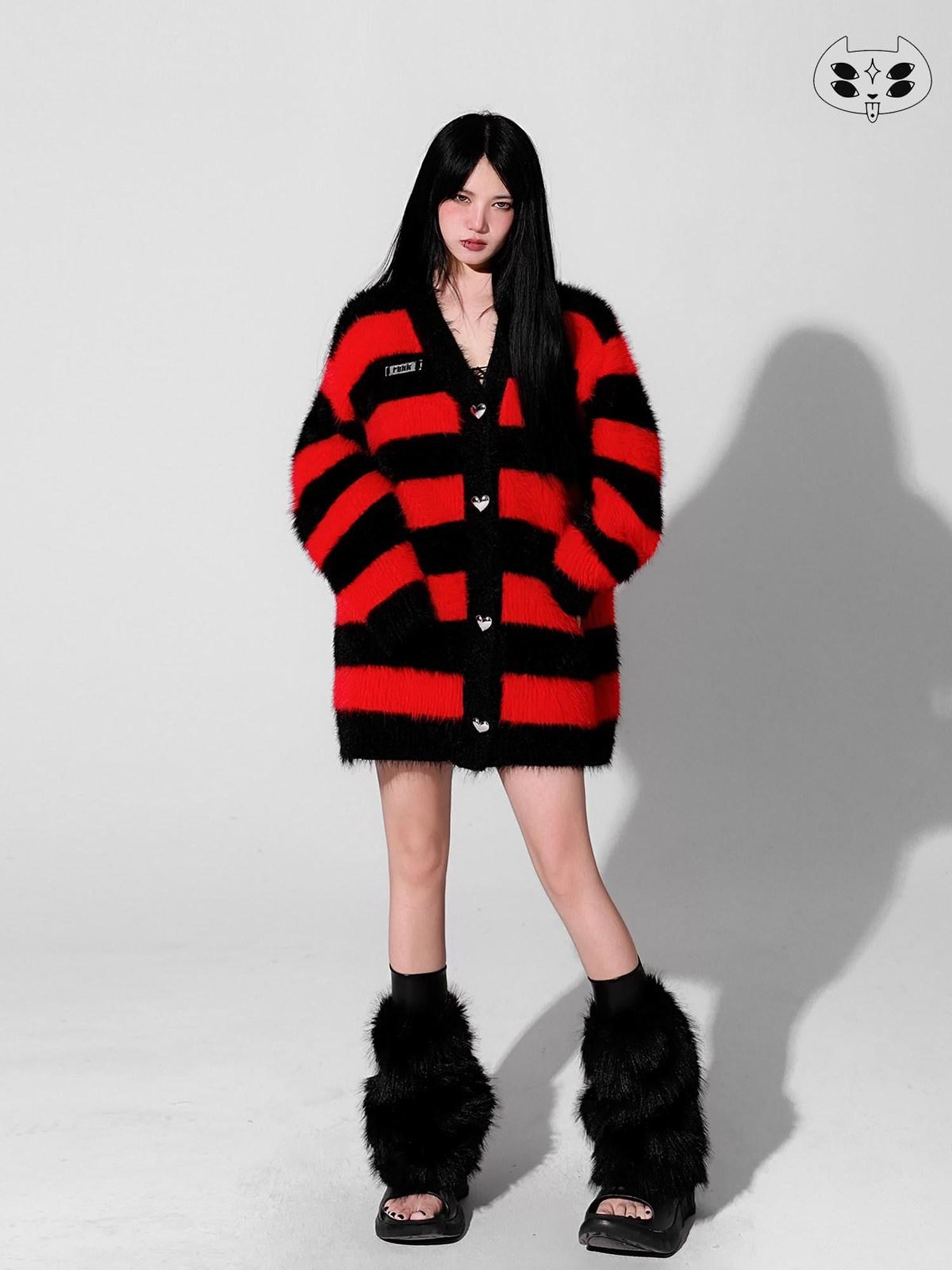 YUBABY Devil Colorway Striped Faux Mink Fuzzy Punk Women's Cotton Blend Cardigans