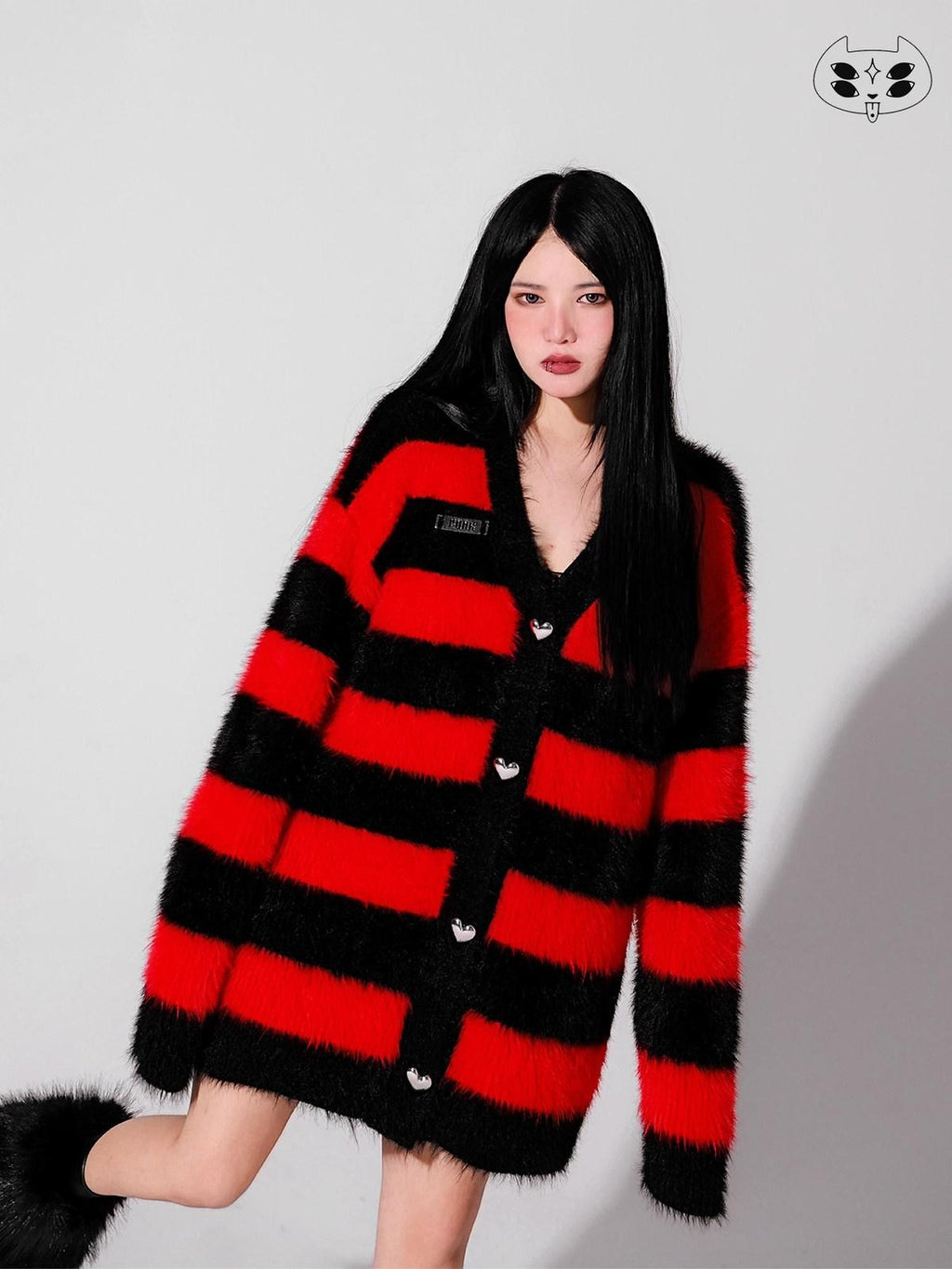 YUBABY Devil Colorway Striped Faux Mink Fuzzy Punk Women's Cotton Blend Cardigans