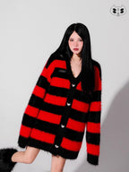 YUBABY Devil Colorway Striped Faux Mink Fuzzy Punk Women's Cotton Blend Cardigans