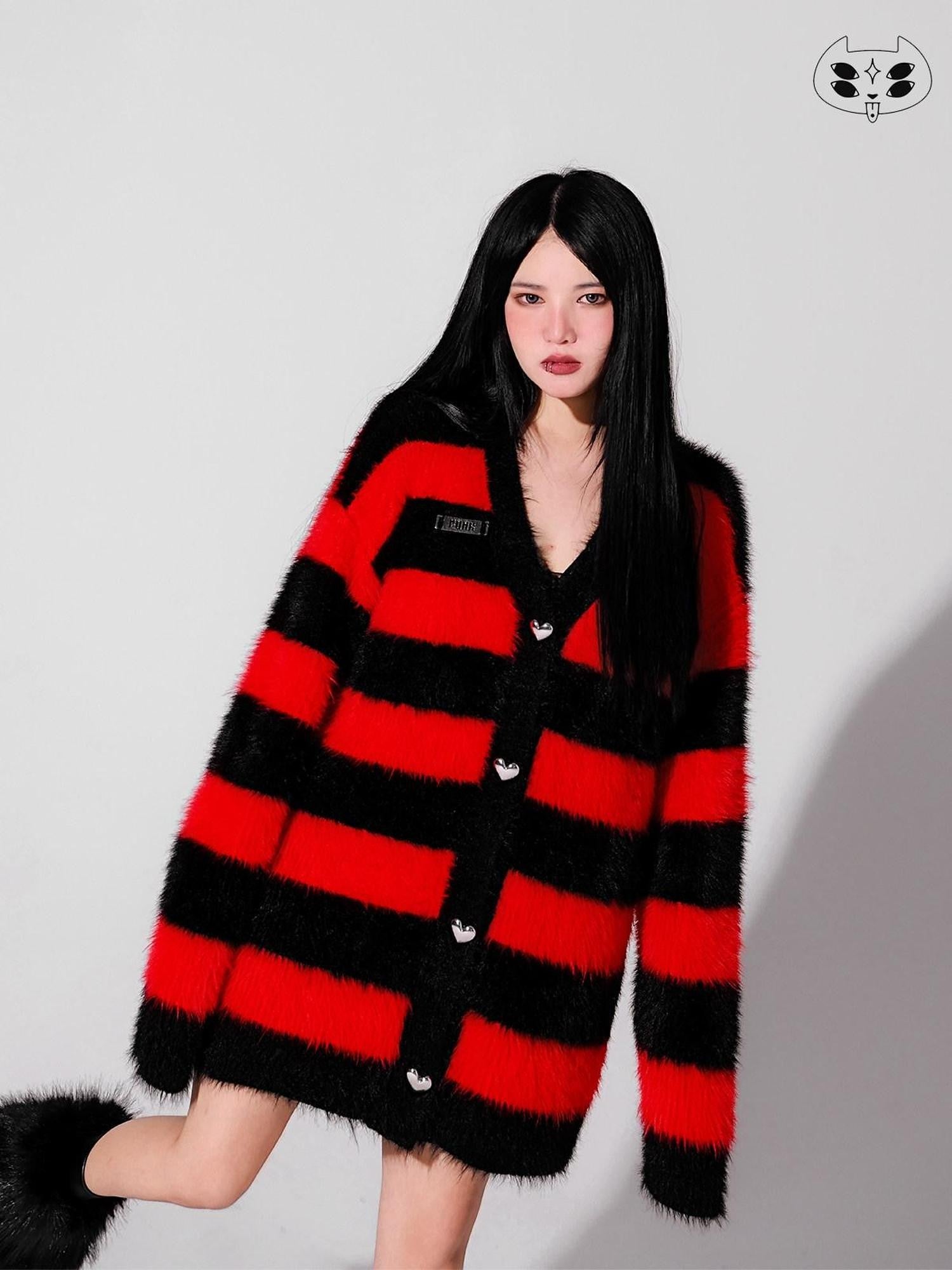 YUBABY Devil Colorway Striped Faux Mink Fuzzy Punk Women's Cotton Blend Cardigans