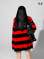YUBABY Devil Colorway Striped Faux Mink Fuzzy Punk Women's Cotton Blend Cardigans
