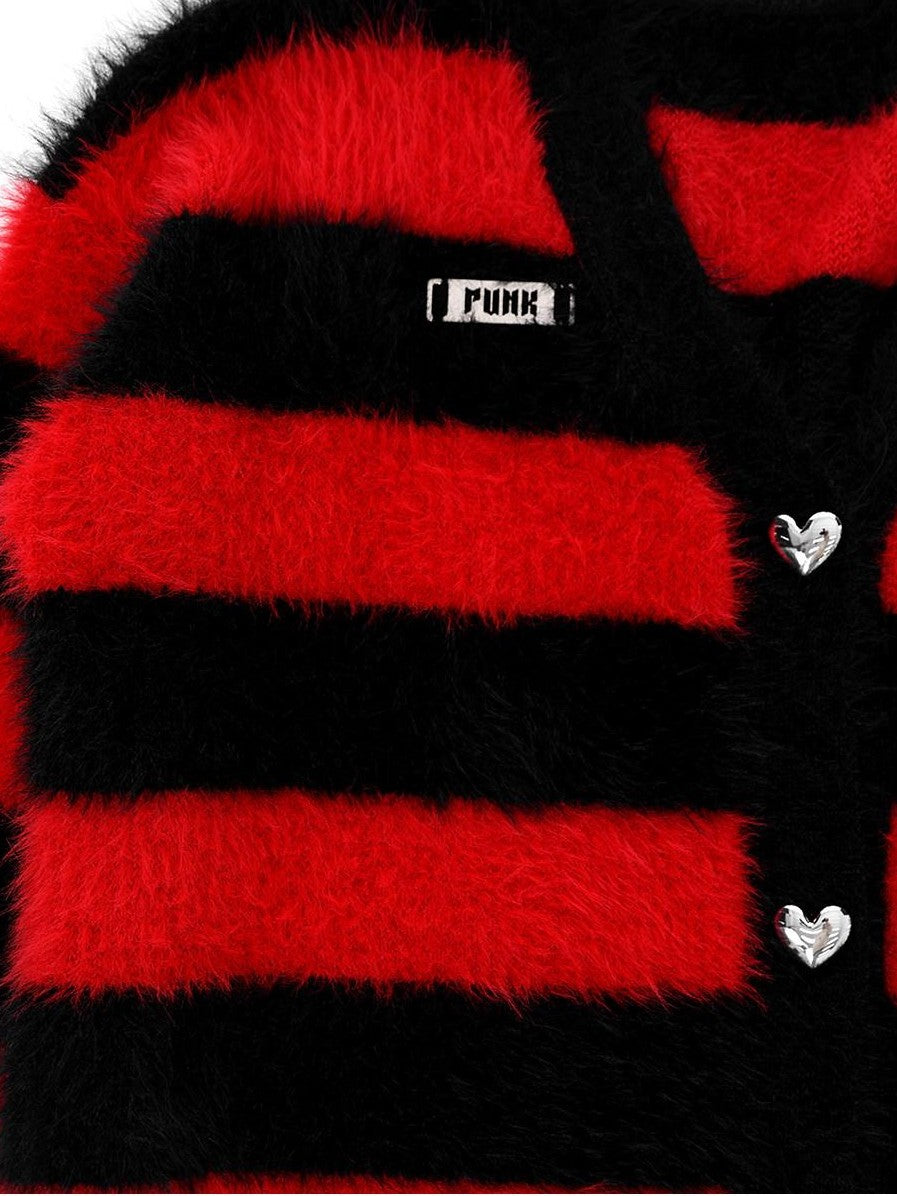 YUBABY Devil Colorway Striped Faux Mink Fuzzy Punk Women's Cotton Blend Cardigans