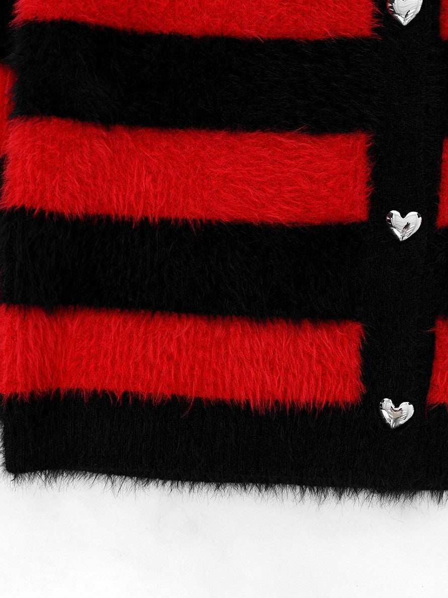 YUBABY Devil Colorway Striped Faux Mink Fuzzy Punk Women's Cotton Blend Cardigans