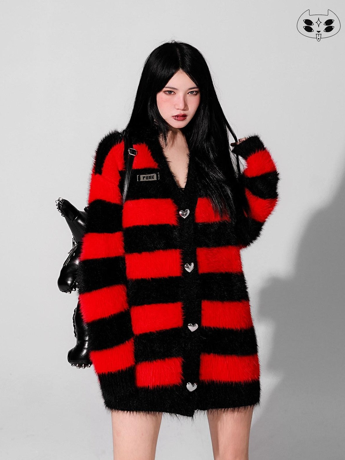 YUBABY Devil Colorway Striped Faux Mink Fuzzy Punk Women's Cotton Blend Cardigans