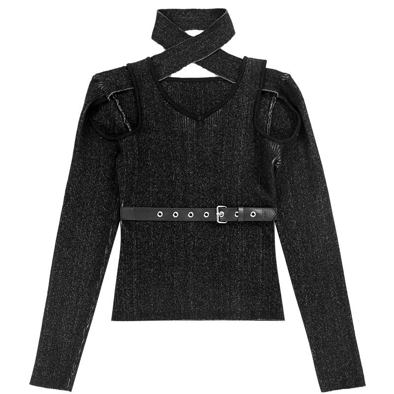 YUBABY_Distressed_Black_Cutout_Shoulder_Halter_Belt_Detail_Women's_Cotton_Sweaters_680678382556_MISSTT