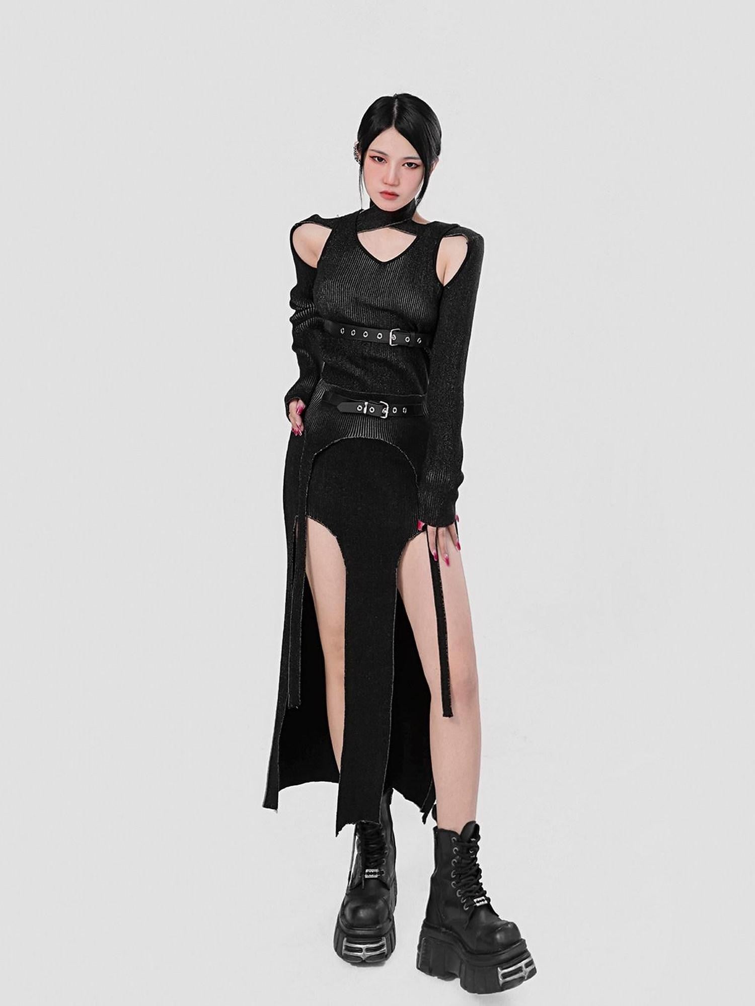 YUBABY Distressed Black Cutout Shoulder Halter Belt Detail Women's Cotton Sweaters