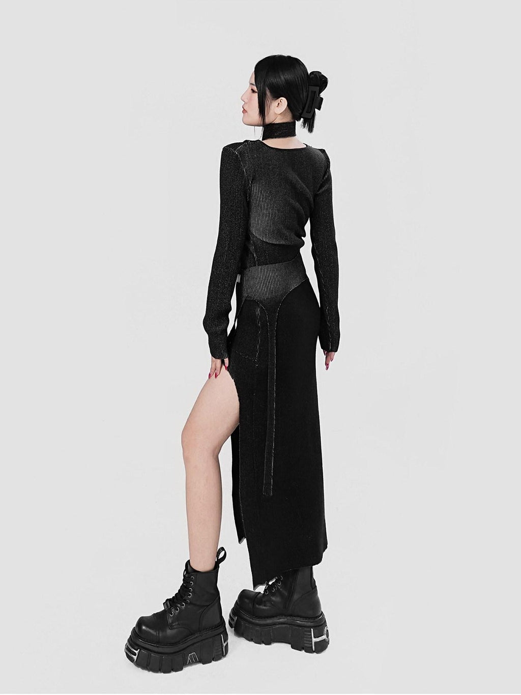YUBABY Distressed Black Cutout Shoulder Halter Belt Detail Women's Cotton Sweaters