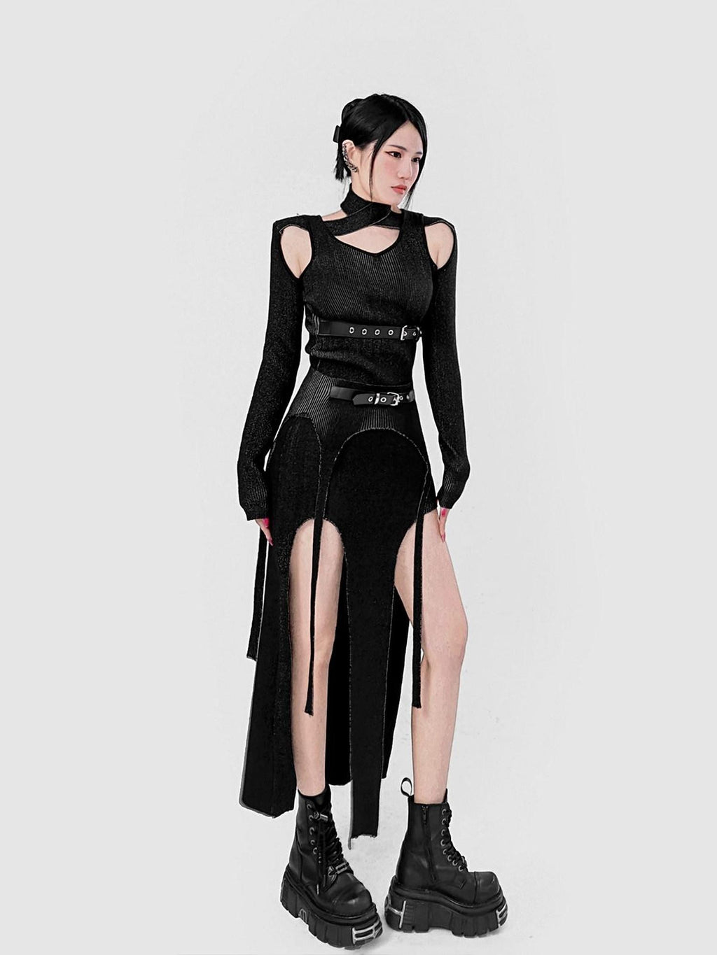 YUBABY Distressed Black Cutout Shoulder Halter Belt Detail Women's Cotton Sweaters