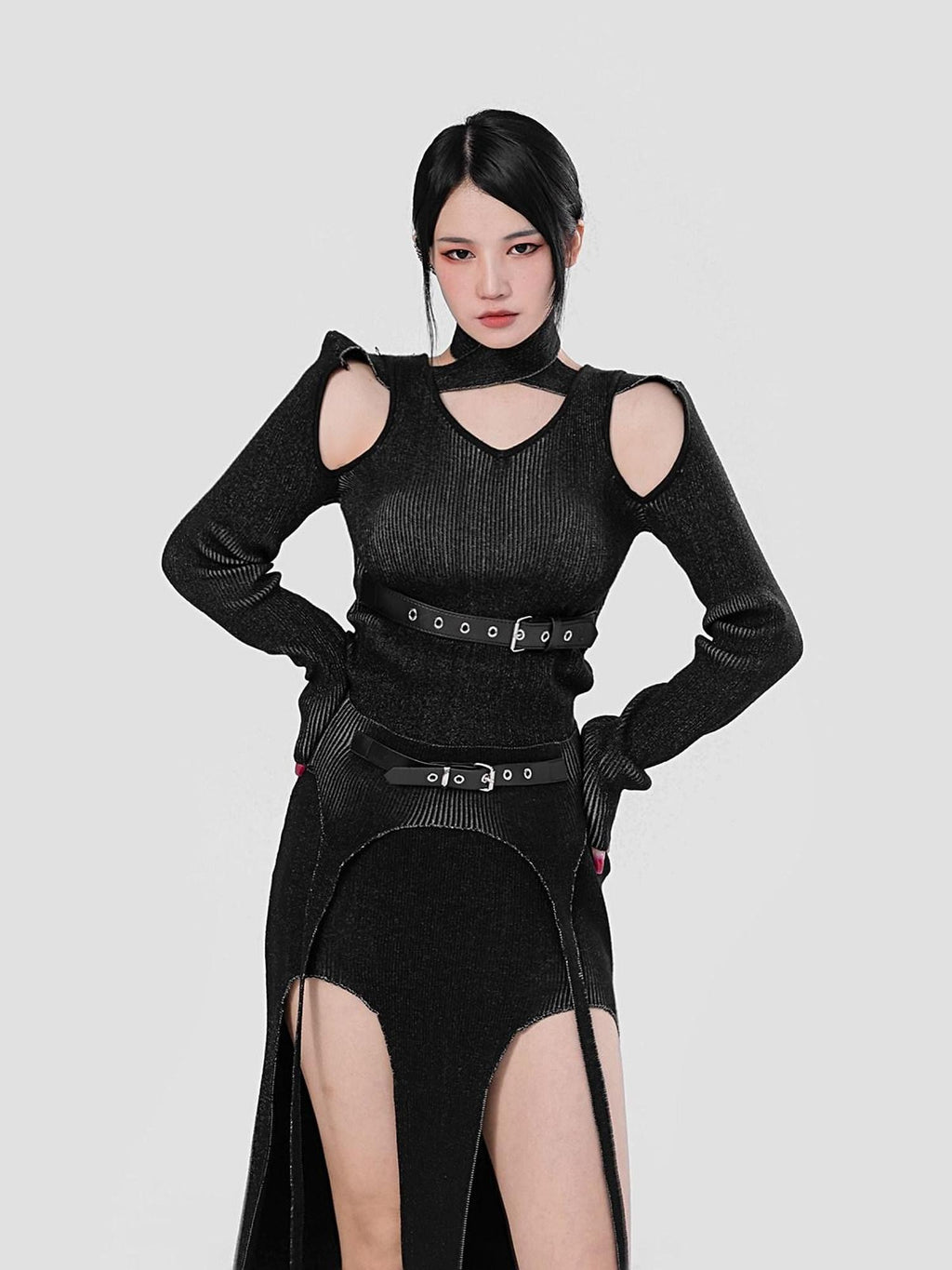 YUBABY Distressed Black Cutout Shoulder Halter Belt Detail Women's Cotton Sweaters