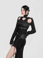 YUBABY Distressed Black Cutout Shoulder Halter Belt Detail Women's Cotton Sweaters