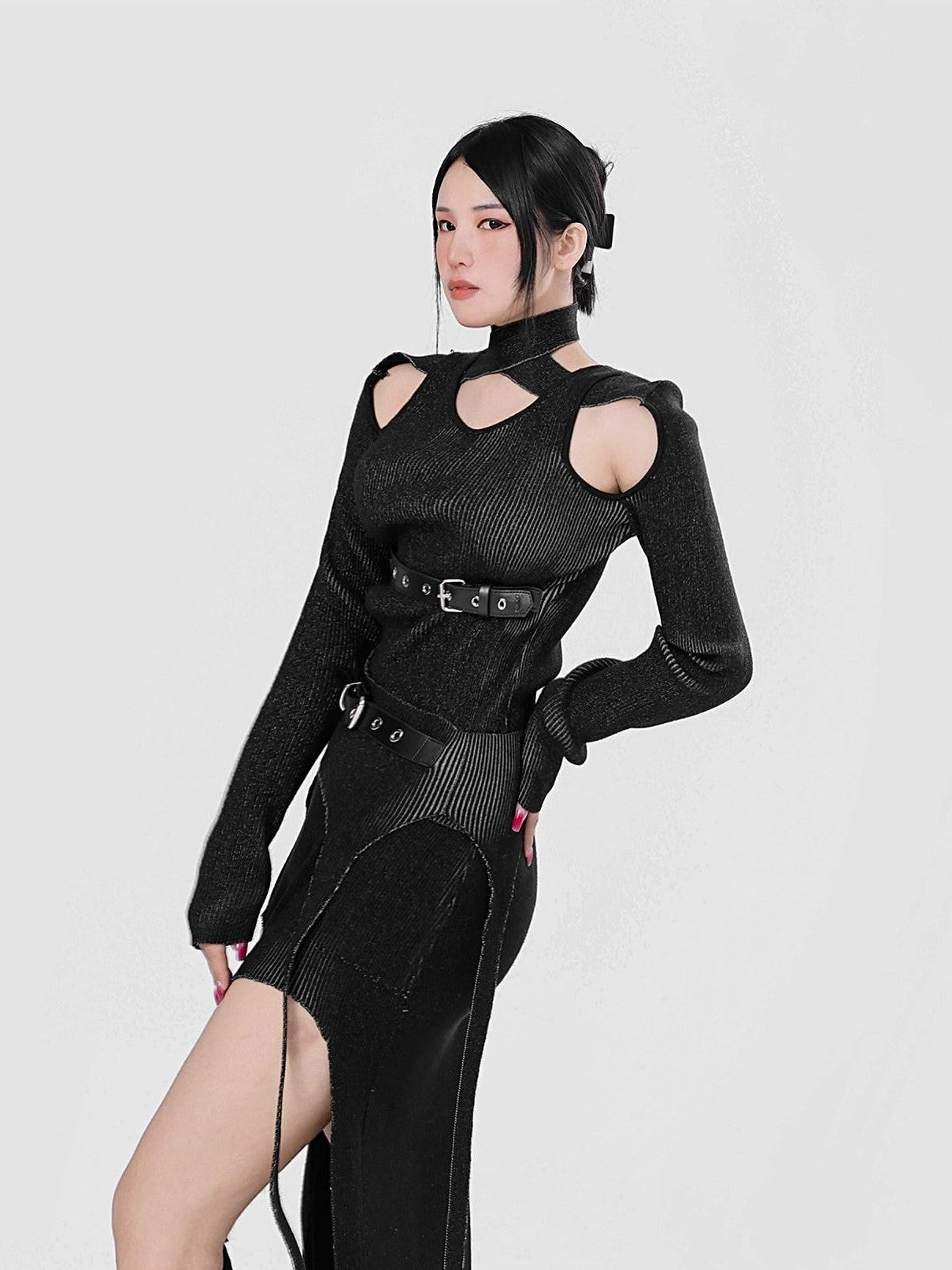 YUBABY Distressed Black Cutout Shoulder Halter Belt Detail Women's Cotton Sweaters