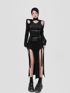 YUBABY Distressed Black Cutout Shoulder Halter Belt Detail Women's Cotton Sweaters